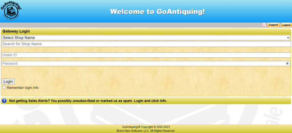 login page for go antiquing